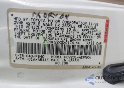 1999 Toyota Camry Le V6 из США, поврежденный, VIN JT2BF22K5X0174196